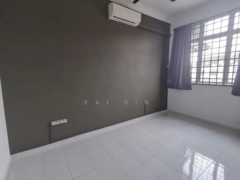 Room features: grey accent wall, white painted walls, glossy tile flooring, floor-to-ceiling window, sheer curtains, wall-mounted split AC, ceiling with exposed beams, light fixture; style: modern.