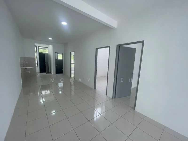 Room features: white painted walls, glossy ceramic tile flooring, recessed LED downlights, multiple doorways, large windows, neutral color scheme, open layout, high ceiling; style: modern.