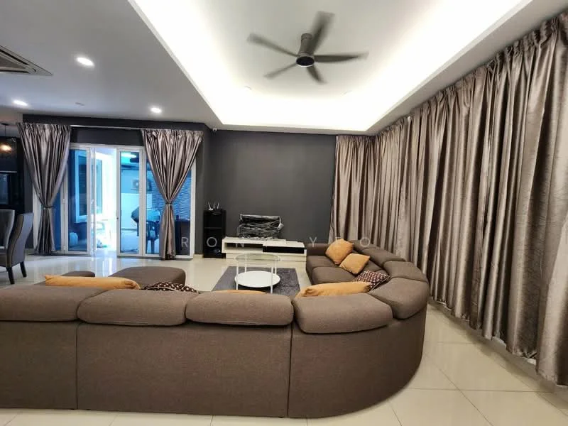 Living features: L-shape sectional sofa in brown, coffee table, wall-mounted TV, floor-to-ceiling windows, sheer curtains, blackout curtains, recessed downlights, ceiling fan, cream tiled flooring, grey accent wall, decorative cushions; style: modern.