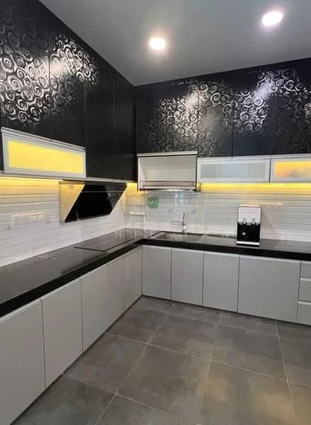 Kitchen features: black granite countertop, white cabinetry with flat-panel design, black and white patterned backsplash, stainless-steel range hood, built-in oven, ceramic tile flooring, recessed LED downlights, single-bowl stainless-steel sink, chrome pull-down faucet, open shelving, wall-mounted cabinets, under-cabinet lighting; style: modern.