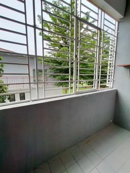 Room features: grey painted walls, tiled flooring, metal grille windows, open view of greenery, balcony railing, shelf mounted on wall; style: modern; view: garden.