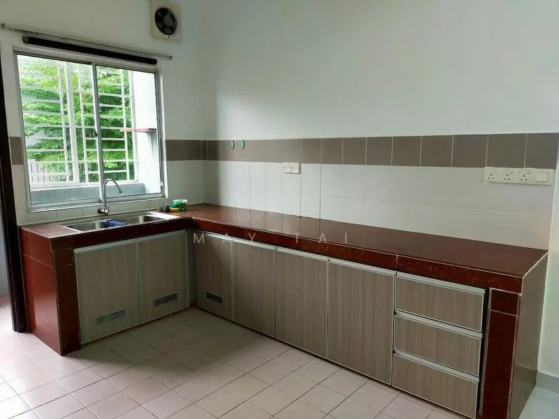 Kitchen features: single-bowl stainless-steel sink, chrome pull-down faucet, laminate countertop in brown, cream tiled backsplash, built-in cabinetry with wood finish, two drawers, two cabinets, tile flooring in light color, window with metal grille, natural light from window; view: garden.