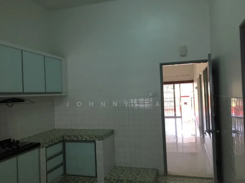 Kitchen features: light blue cabinetry, white tiled walls, green patterned countertop, gas stove, single-bowl stainless-steel sink, open layout to living area, glossy floor tiles, doorway leading to hallway; style: modern.