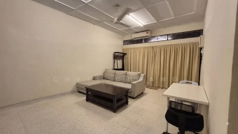 Living features: 3-seater fabric sofa in light grey, coffee table, ceiling fan, wall-mounted air conditioning unit, curtains in beige, white painted walls, tile flooring, light-colored ceiling, study desk with chair; style: minimalist.
