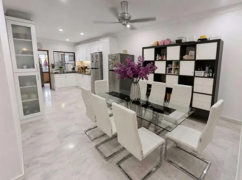 Dining features: glass dining table, 6 white upholstered dining chairs, white cabinetry, black and white accent cabinet, marble tile flooring, recessed downlights, ceiling fan, decorative flower arrangement; style: modern. Kitchen features: stainless-steel fridge, built-in oven, freestanding range oven, white shaker cabinets, black countertop, open layout to dining area; style: modern.