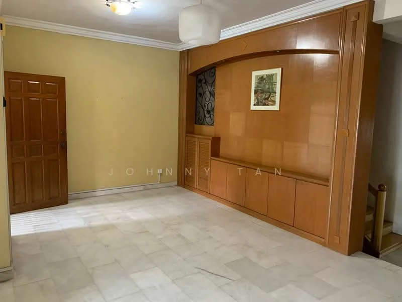 Living features: cream painted walls, marble tile flooring, wooden feature wall with built-in shelving, wall-mounted artwork, ceiling light fixture, wooden door, window with natural light, air conditioning unit; style: traditional.
