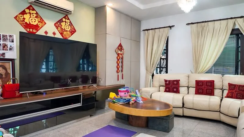 Living features: cream leather sofa with red cushions, large flat-screen TV on wall-mounted console, decorative wall with Chinese decorations, recessed ceiling lights, chandelier, curtains in light fabric, coffee table with rounded edges, grey tiled flooring, decorative wall art, children's toys on the floor; style: contemporary.