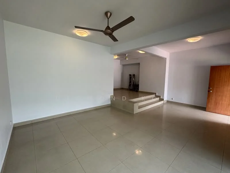 Living features: cream painted walls, tile flooring, 5-blade ceiling fan, recessed downlights, two ceiling lights, steps leading to another area, wooden door, open layout; style: modern.