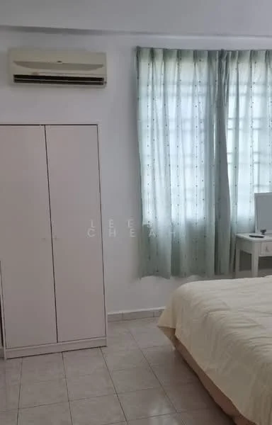 Bedroom features: cream painted walls, white tiled flooring, 1 wall-mounted split AC, floor-to-ceiling window with sheer curtains, built-in wardrobe with sliding doors, queen-size bed with cream bedding, side table, TV on a small console.