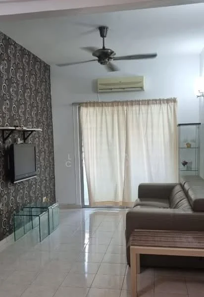 Living features: 3-seater leather sofa, glass coffee table, wall-mounted TV, TV console, ceiling fan, wall-mounted air conditioning unit, cream sheer curtains, tiled flooring, decorative wallpaper with circular pattern, glass display cabinet; style: modern.