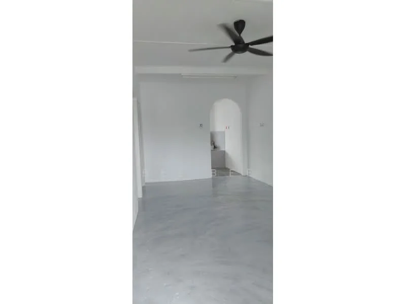 Room features: white painted walls, grey polished concrete flooring, 5-blade ceiling fan, arched doorway, no visible furniture or decor; style: minimalist.