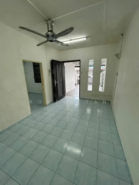 Room features: light blue ceramic tile flooring, white painted walls, ceiling fan, sliding door, vertical windows, doorway leading to another room, doorway leading outside.