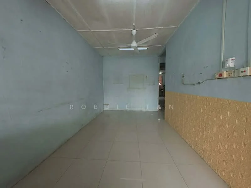 Room features: light blue painted walls, cream tiled flooring, ceiling fan, exposed ceiling, electrical outlets, wall-mounted power switches; style: minimalist.