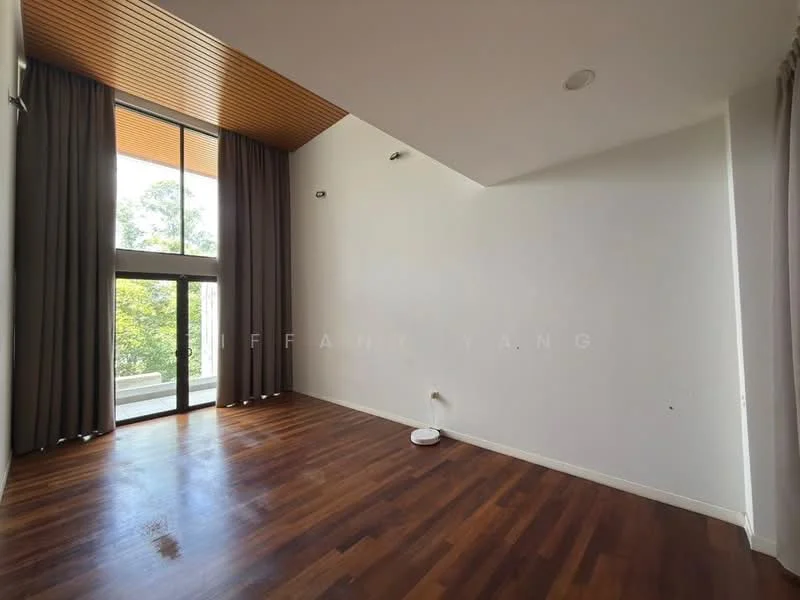 Living features: wood flooring, white painted walls, wood ceiling with slats, floor-to-ceiling windows, sliding glass door, sheer curtains, recessed downlights, no visible furniture; style: modern; view: garden.