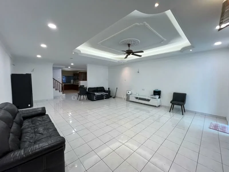 Living features: white painted walls, polished ceramic tile flooring, tray ceiling with recessed lighting, 5-blade ceiling fan with light, black leather 3-seater sofa, black leather 2-seater sofa, white TV console, single black chair, large open space, natural light from windows, decorative ceiling rose; style: modern.