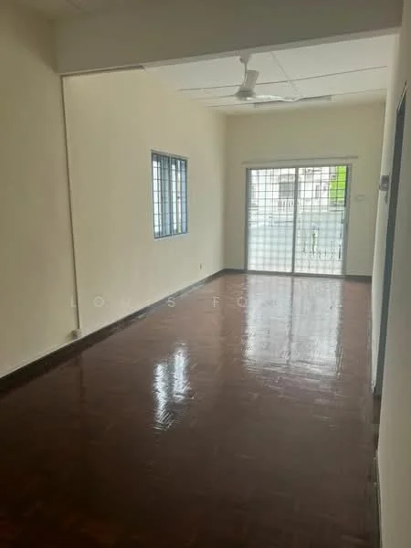 Room features: cream painted walls, brown tiled flooring, ceiling fan, sliding glass door, grilled security door, two windows with metal grilles, natural light from windows, plain ceiling; style: minimalist.