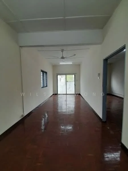 Room features: white painted walls, polished concrete flooring, ceiling fan, two windows, double-door entry, doorway leading to another room, natural light from windows, plain ceiling; style: minimalist.