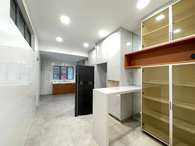 Kitchen features: grey ceramic tile flooring, white painted walls, flat-panel grey cabinets, glass-front upper cabinets, built-in countertop, stainless-steel fridge, open shelving, recessed LED downlights, window with grid pattern, orange accent cabinetry; style: modern.