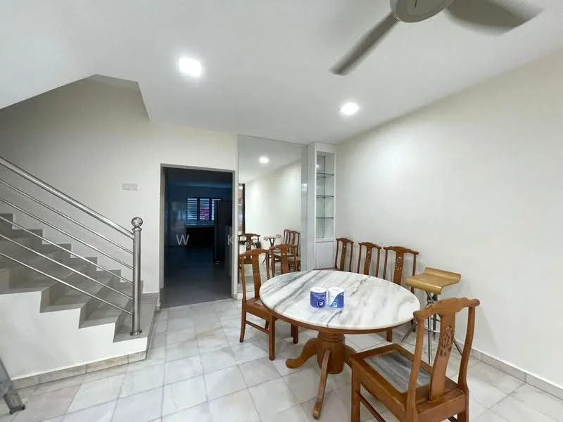 Dining features: round marble dining table, 6 wooden dining chairs, ceiling fan, white painted walls, tile flooring, stainless steel railing, built-in display cabinet, natural light from windows; style: modern. Room features: staircase, open space, neutral color palette.