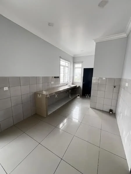 Laundry features: grey tiled walls, white painted walls, glossy white floor tiles, long countertop, single-basin sink, window with blinds, crown moulding, built-in cabinetry, light fixture on ceiling; style: modern.
