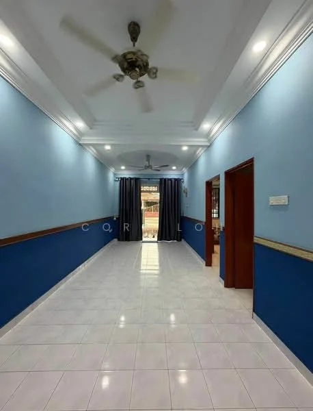 Room features: blue painted walls, white ceiling with crown moulding, glossy white tile flooring, 5-blade ceiling fan with light, curtains, door frames in wood, windows with natural light, decorative wall trim; style: modern.