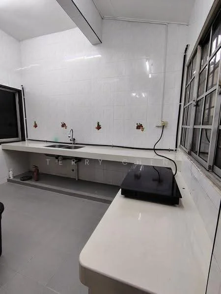 Kitchen features: white tiled walls, grey tile flooring, single-bowl stainless-steel sink, chrome pull-down faucet, long countertop, built-in stove, window with metal grille, decorative wall tiles with floral pattern.