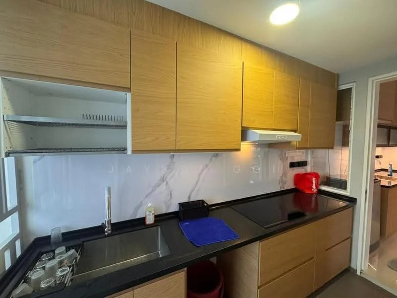 Kitchen features: wood cabinetry, black granite countertop, single-bowl stainless-steel sink, chrome pull-down faucet, white marble backsplash, built-in range hood, open shelving, under-cabinet lighting; style: modern.