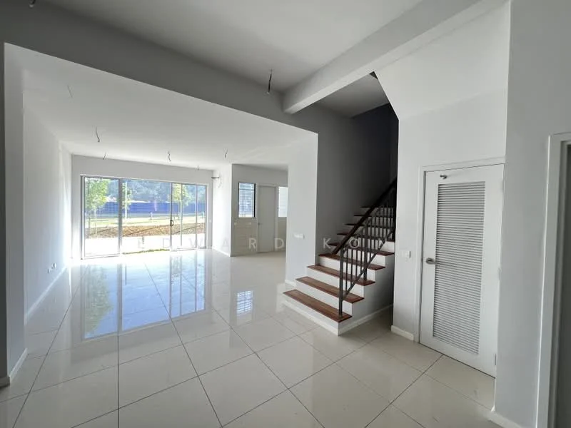 Living features: white painted walls, grey accent wall, glossy ceramic tile flooring, large windows allowing natural light, staircase with wooden steps, recessed downlights, open layout, door leading to outdoor space; style: modern; view: garden. Room features: white painted walls, glossy ceramic tile flooring, door leading to hallway, built-in closet.