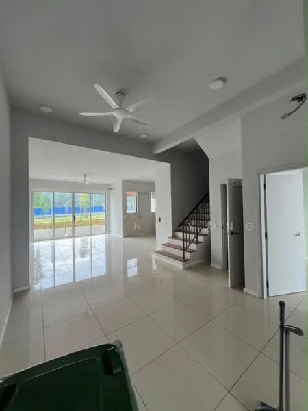 Living features: white painted walls, glossy ceramic tile flooring, 5-blade ceiling fan with light, recessed downlights, floor-to-ceiling windows, sliding glass door, staircase with wooden steps, open layout, natural light from windows, door leading to outdoor area; style: modern; view: garden.
