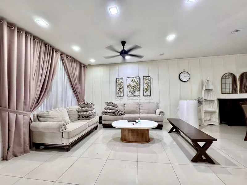 Living features: 3-seater fabric sofa in cream, L-shape sectional sofa in cream, round coffee table with wooden base, wooden console table, 5-blade ceiling fan with light, white painted walls, tile flooring, floor-to-ceiling windows with sheer curtains, decorative wall clock, framed artwork on wall, folded blankets on sofa; style: modern.