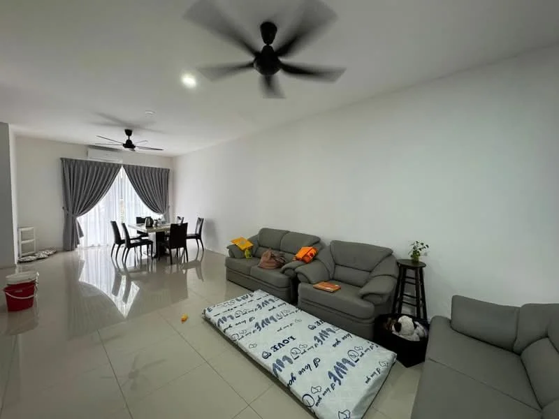 Living features: grey leather 3-seater sofa, grey leather 2-seater sofa, coffee table, area rug, floor-to-ceiling windows with sheer curtains, ceiling fan with light, polished tile flooring, white painted walls; style: modern. Dining features: 6-seater dining table, black dining chairs, white painted walls, ceiling fan with light; style: modern.
