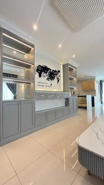 Living features: grey cabinetry with open shelving, white marble countertop, large wall-mounted artwork, recessed LED downlights, cream painted walls, glossy tile flooring, floor-to-ceiling windows with sheer curtains, built-in display unit, modern ceiling design with perforated panel; style: modern.