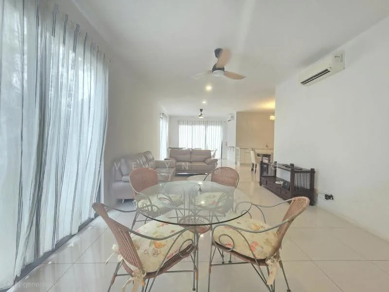 Living features: white painted walls, glossy tile flooring, 5-blade ceiling fan with light, floor-to-ceiling windows with sheer curtains, glass dining table with metal frame, 4 wicker dining chairs with floral cushions, sofa in light grey fabric, air conditioning unit on wall; style: modern.