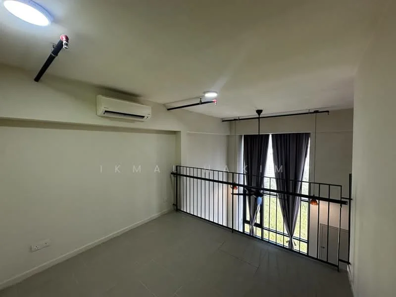 Room features: wall-mounted split AC, recessed downlights, ceiling light, black railing, floor-to-ceiling windows, grey tiled flooring, curtains, neutral painted walls; style: modern; view: garden.