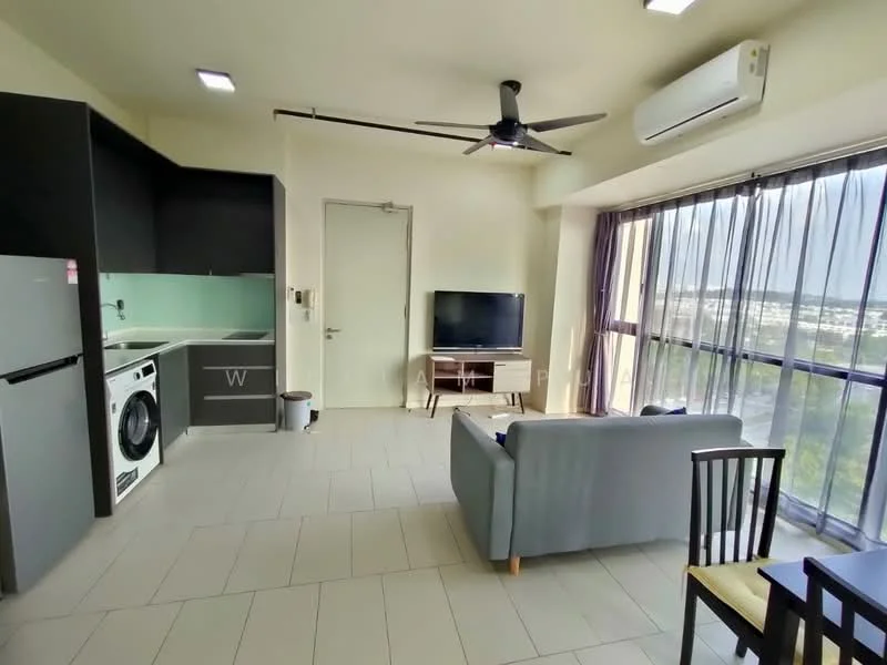 Living features: grey fabric sofa, wood dining table with chairs, wall-mounted TV, TV console, 1 wall-mounted split AC, 5-blade ceiling fan, large windows with sheer curtains, light-colored tiled flooring, kitchenette with grey cabinetry, stainless-steel washing machine, green backsplash, refrigerator; style: modern; view: city.