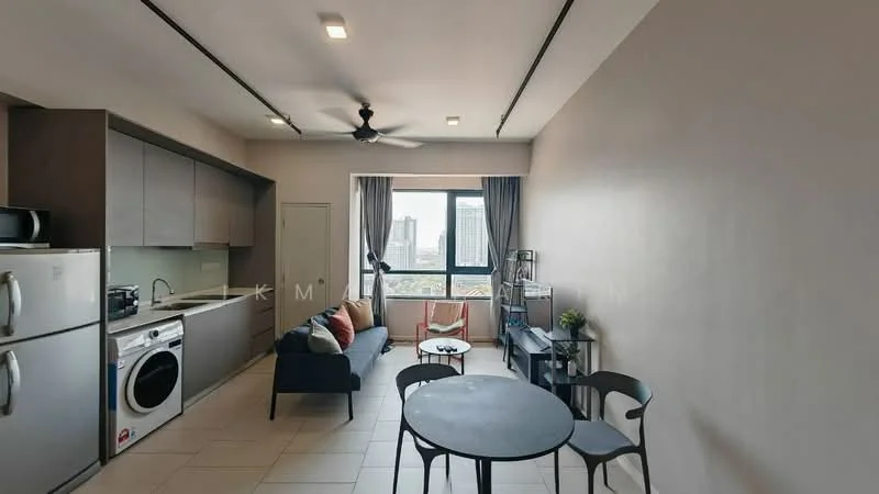 Living features: grey fabric sofa, round black dining table, black dining chairs, stainless-steel fridge, front-load washing machine, built-in kitchen cabinets, white countertop, ceiling fan, floor-to-ceiling window, city view, TV console, wall-mounted TV, decorative plants; style: modern; view: city.