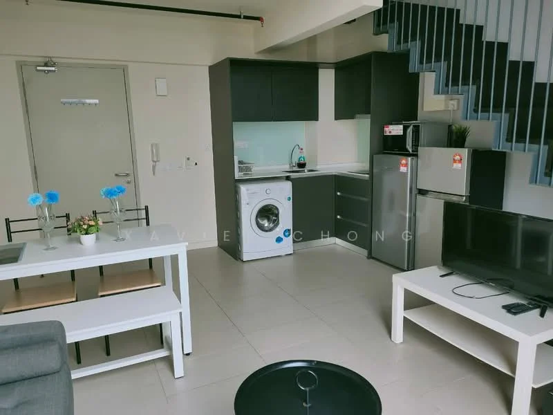 Living features: grey fabric sofa, white dining table for 4, 4 dining chairs, black coffee table, wall-mounted TV, TV console, floor tiles, refrigerator, stainless-steel sink, single-bowl stainless-steel sink, built-in oven, front-load washing machine, kitchen cabinetry in dark finish, open shelving, staircase with metal railing; style: modern.
