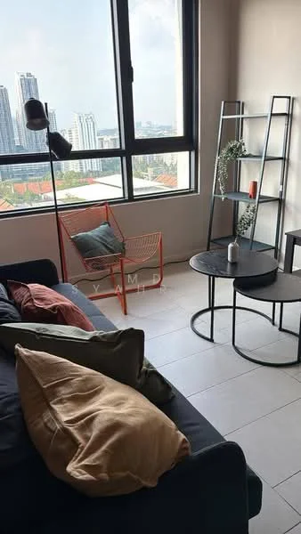 Living features: black fabric sofa, orange and green throw pillows, round black coffee table, metal ladder shelf, decorative plant on shelf, candle on shelf, floor lamp, large windows with city view, light-colored tiled flooring; style: modern; view: city.