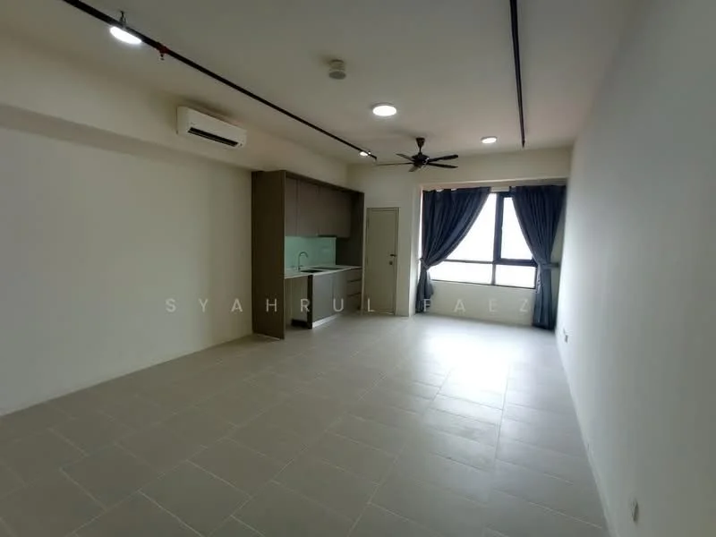 Living features: light grey tiled flooring, white painted walls, ceiling fan with light, recessed downlights, floor-to-ceiling windows, curtains in dark blue, kitchenette with brown cabinetry, green backsplash, single-bowl stainless-steel sink, built-in kitchen appliances, open layout, air conditioning unit; style: modern; view: city.