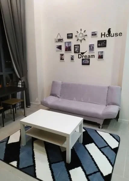 Living features: 3-seater fabric sofa in lavender, white coffee table, area rug with geometric pattern in blue and black, wall-mounted clock, decorative wall with photo frames, floor-to-ceiling windows with sheer curtains, light grey walls, laminate flooring; style: modern.