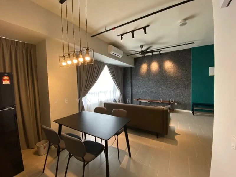 Living features: 3-seater fabric sofa in brown, dining table for 4 with black finish, grey accent wall, white painted walls, recessed LED downlights, 5-blade ceiling fan, floor-to-ceiling windows with sheer curtains, light wood flooring, decorative pendant lighting, wall-mounted TV, area rug with geometric pattern; style: modern.