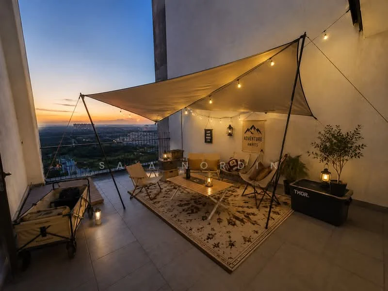 Balcony features: outdoor seating area with folding chairs, wooden coffee table, decorative area rug, string lights, canvas tent, potted plant, lanterns, decorative wall art, concrete flooring, city skyline view; style: modern; view: city.