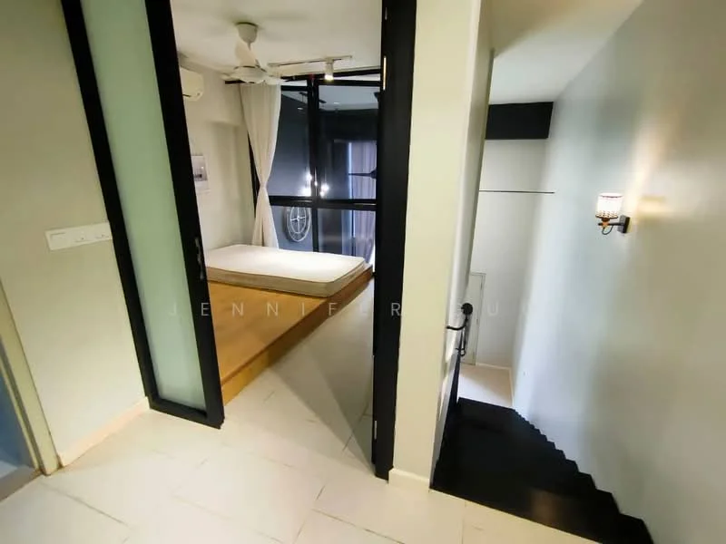 Room features: white painted walls, light-colored flooring, ceiling fan, floor-to-ceiling windows, wooden platform bed base, curtains, staircase, wall-mounted light fixture; style: modern.
