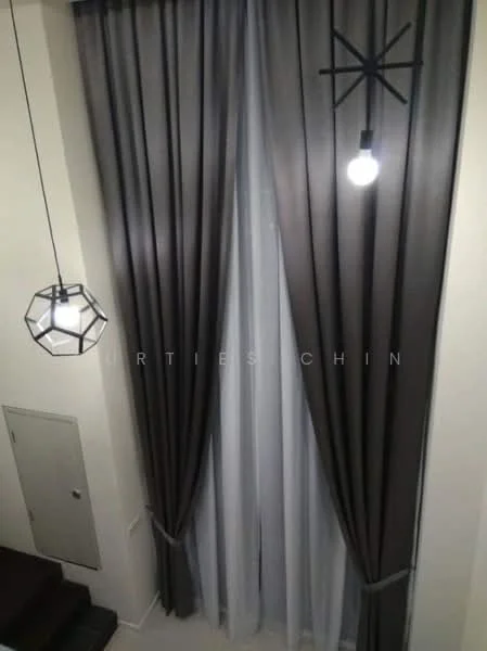 Room features: floor-to-ceiling windows, sheer white curtains, dark grey curtains, geometric pendant light, spherical pendant light, light-colored walls, built-in cabinet, staircase visible; style: modern.