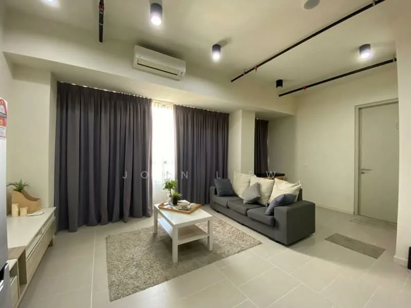 Living features: grey fabric sofa, coffee table, area rug, floor-to-ceiling windows, grey curtains, recessed LED downlights, wall-mounted air conditioning unit, light-colored wall, tile flooring; style: modern.