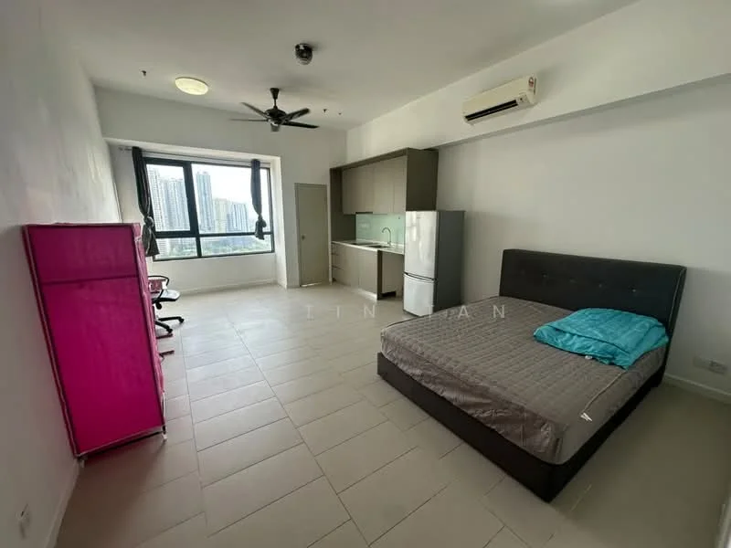Room features: queen-size bed, upholstered headboard, light grey bedding, 2 office chairs, wall-mounted split AC, ceiling fan, white painted walls, light tile flooring, kitchenette with cabinets, stainless-steel fridge, kitchen countertop, window with city view, pink storage cabinet; style: modern; view: city.