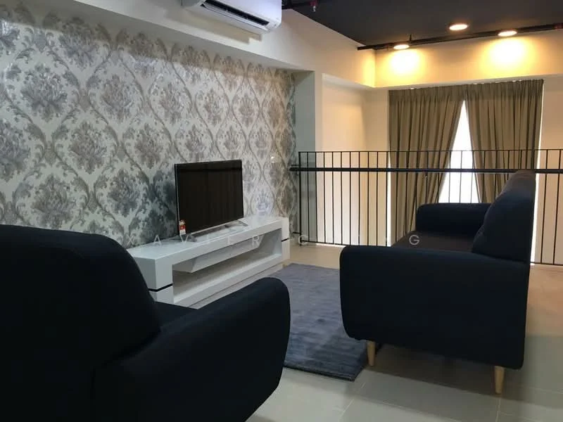 Living features: dark blue fabric sofa, white TV console, wall-mounted TV, decorative wallpaper with damask pattern, grey area rug, recessed downlights, floor-to-ceiling windows with sheer curtains, black railing, air conditioning unit; style: modern.