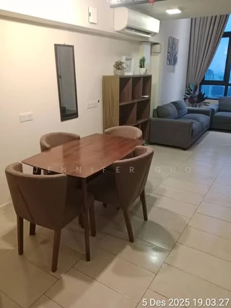 Dining features: wood dining table, 4 upholstered dining chairs, wall-mounted mirror, 1 wall-mounted split AC, ceramic tile flooring, neutral wall colour, open shelving unit, decorative plant, floor-to-ceiling window with city view; style: modern; view: city. Living features: fabric sofa in grey, coffee table, TV console, area rug, neutral wall colour, 1 wall-mounted split AC, floor-to-ceiling window with city view; style: modern; view: city.
