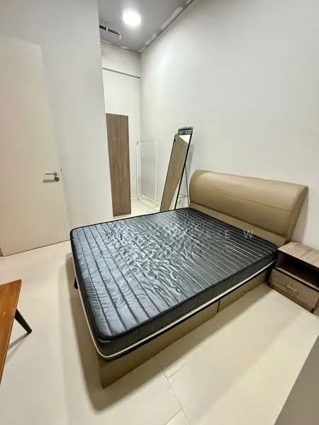 Bedroom features: queen-size bed with upholstered headboard, black mattress, wooden bedside table, full-length mirror, white painted walls, tile flooring, ceiling-mounted air conditioning unit, light fixture on ceiling; style: modern.