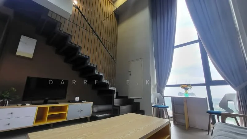 Living features: black spiral staircase, large floor-to-ceiling windows, grey accent wall, light wooden flooring, TV console with drawers, wall-mounted TV, decorative plants, coffee table, blue upholstered chairs, dining table with chairs, natural light from windows, curtains, door to hallway; style: modern; view: city.